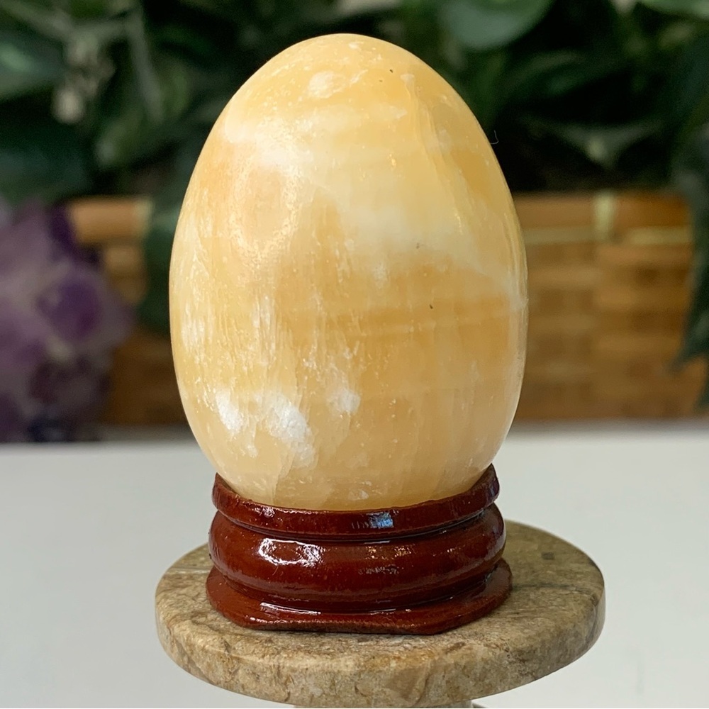 Yellow Calcite Carved Crystal Egg Chakra Healing Stone Carving Polished W Stand